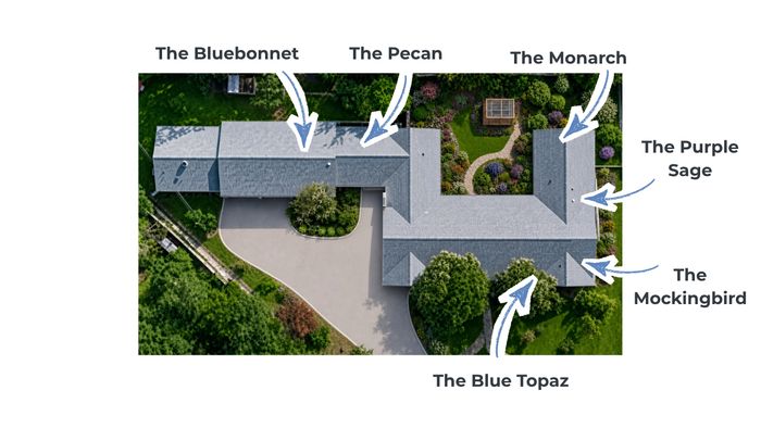 Aerial view of Cora's Legacy Homestead with each of the six private suites labeled